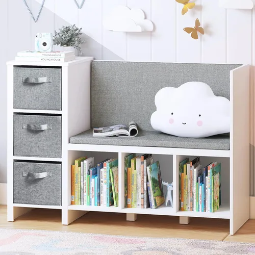 UTEX Banco de lectura para niños con estantería, estantería para niños y organizador de almacenamiento con cojín de asiento, banco de lectura con