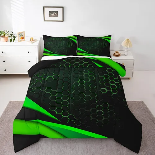 Miniatura 11 de Juego de ropa de cama individual de panal para niños y niños, color negro, verde azulado, azul, hexagonal, geométrico, patrón de colmena, edredón