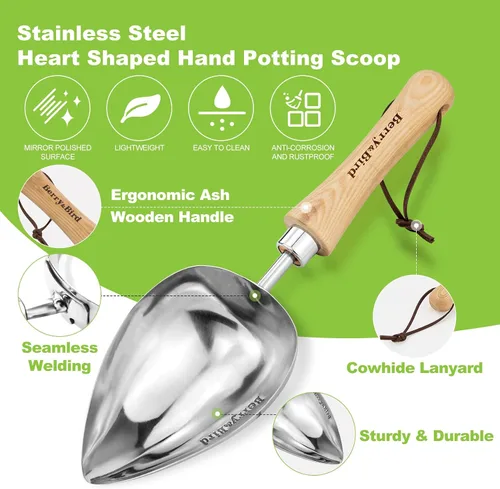 Miniatura 5 de Berry&Bird Cuchara de tierra de gran tamaño, de acero inoxidable con mango de madera, cuchara de pala de mano multifunción para trasplantar, plantar