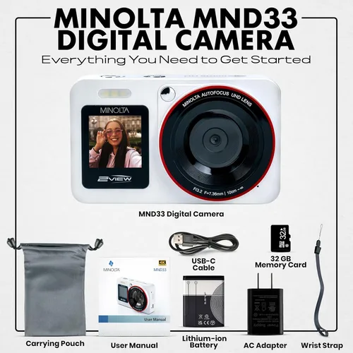 Miniatura 7 de Minolta Cámara digital de 64 MP, 2 vistas, pantallas LCD traseras frontales duales, video 4K Ultra HD, enfoque automático, zoom digital 4X, Negro