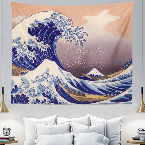 Miniatura 8 de IcosaMro Tapiz de gran ola para dormitorio, arte para colgar en la pared, decoración de pared grande con bordes dobladillos, manta de pared