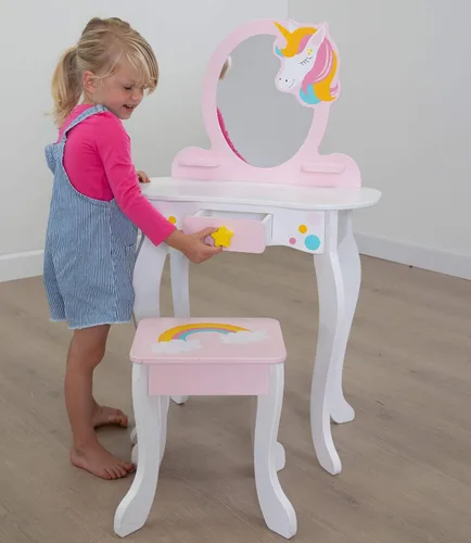 Miniatura 5 de Fat Brain Toys Unicorn Magic Vanity con espejo y taburete, juego de madera, 3+