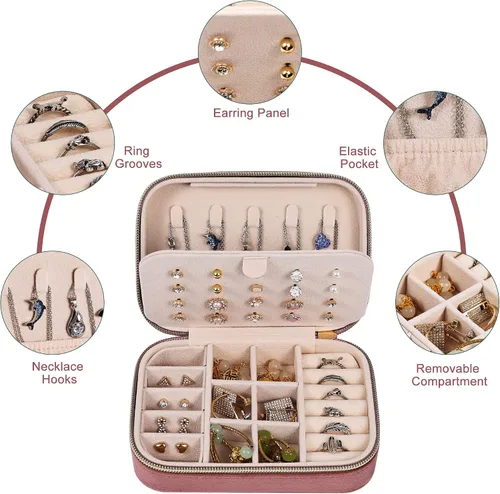Miniatura 3 de Dajasan Joyero de terciopelo, pequeño estuche de joyería de viaje, organizador de joyas portátil de viaje para mujeres y niñas (rosa)