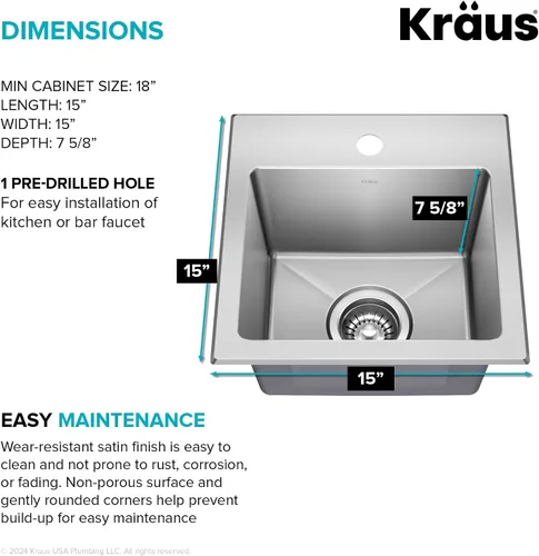 Miniatura 9 de KRAUS Fairlane KHT631-15 - Fregadero de cocina o bar, 15 pulgadas, montaje directo/superior, cuenco individual, de acero inoxidable de calibre 18