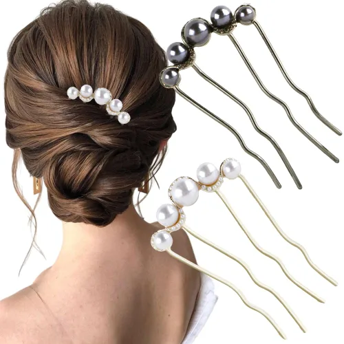 2 horquillas para el cabello en forma de U para moños, horquillas francesas para cabello grueso, peines laterales para mujer, peine de pelo negro y