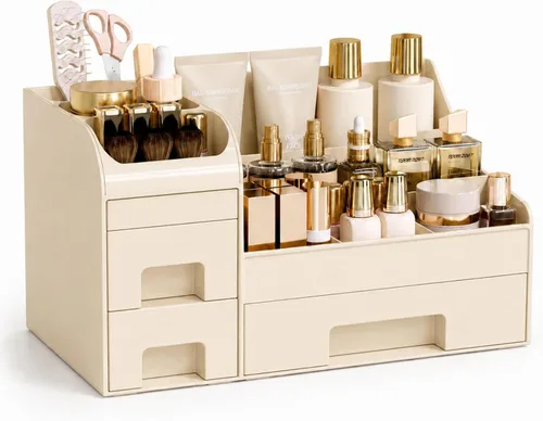 Miniatura 10 de Organizador de maquillaje grande para tocador, organizador de encimera con cajones y soporte para cepillos, organizador de colonia para hombre