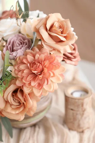 Miniatura 6 de Floroom Flores artificiales de terracota, rosas falsas de color naranja quemado, peonías, dalia, vegetación, caja combinada para bricolaje, ramos