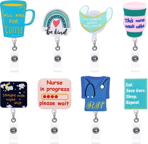 Miniatura 11 de 8 carretes retráctiles de fieltro para gafete de enfermera, diseño lindo con temática, regalo pediátrico para enfermeras, doctores, tarjetas