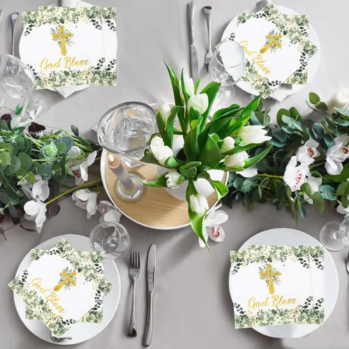 Miniatura 4 de Nuanchu 200 servilletas de bautismo religiosas para primera comunión, diseño floral verde, cruz religiosa, decoración de papel religioso