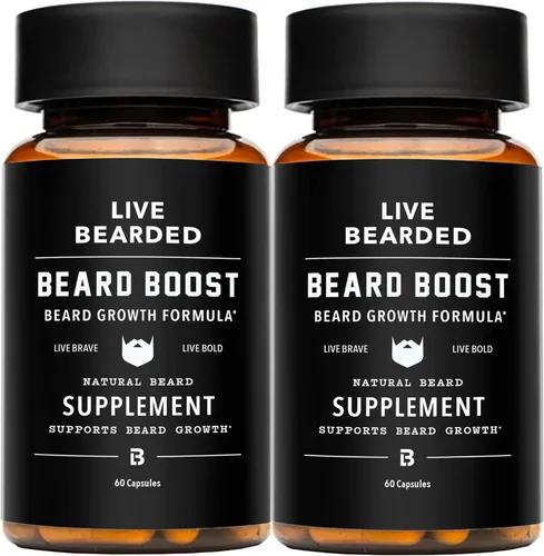 Live Bearded Beard Boost - Vitaminas para el crecimiento de la barba para hombres con biotina, colágeno, sílice, raíz de Fo-Ti, crecimiento facial