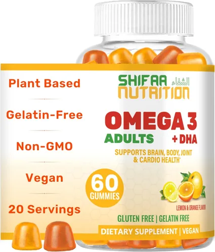 SHIFAA NUTRITION Gomitas veganas Omega 3 para adultos | Sin eructos de aceite de pescado | 60 gomitas | A base de plantas con aceite de chía, algas