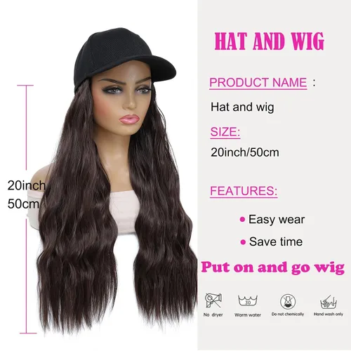 Miniatura 3 de Gorra de béisbol con peluca y extensiones de cabello, con piezas de cabello sintético marrón resistente al calor unidas, para mujeres y niñas