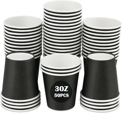 Wuadua Paquete de 50 vasos de papel espresso negro de 3 onzas, resistentes y a prueba de fugas para fiestas, eventos, oficina, uso doméstico, vasos