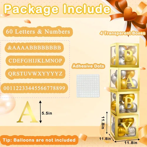 Miniatura 2 de Cajas de bebé con letras para baby shower, 4 cajas de globos transparentes con 60 letras para decoraciones de revelación de género, bloques de bebé
