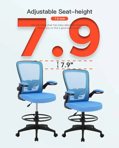 Miniatura 5 de Silla de oficina alta, de altura ajustable, con soporte lumbar y brazos abatibles; silla de respaldo de malla con reposapiés. Banco para escritorio