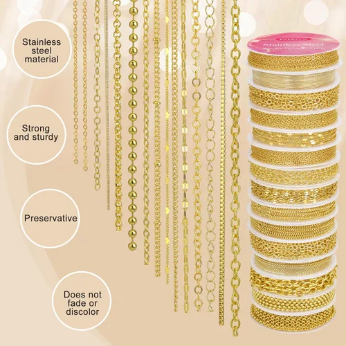 Miniatura 2 de ENERFUN Cadenas de collar de oro para hacer joyas, 112 pies, 15 rollos de cadenas a granel para hacer collares, pulseras, accesorios con anillos