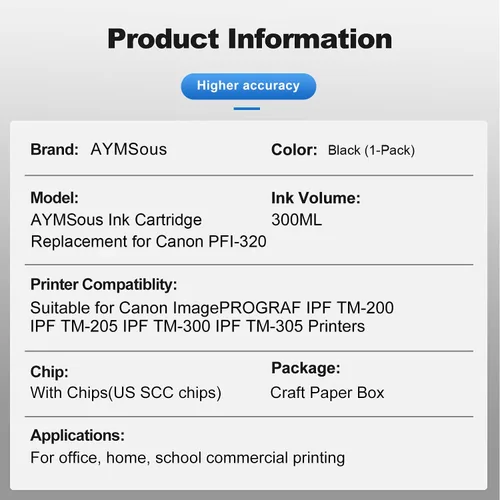 Miniatura 2 de Cartucho de tinta compatible de repuesto para Canon PFI-320 PFI320 PFI-320BK PFI320BK 300ML para Canon imagePROGRAF IPF TM-200 IPF TM-205 IPF TM-300
