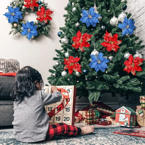 Miniatura 5 de Adornos para árbol de Navidad de flor de pascua azul real con purpurina grande de 9 pulgadas, decoración de flores artificiales para boda, paquete