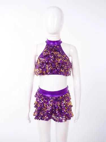 Miniatura 3 de Conjunto de camiseta corta metálica de lentejuelas con falda para niñas y niñas, trajes de baile latino de jazz, 2 piezas, disfraz de baile