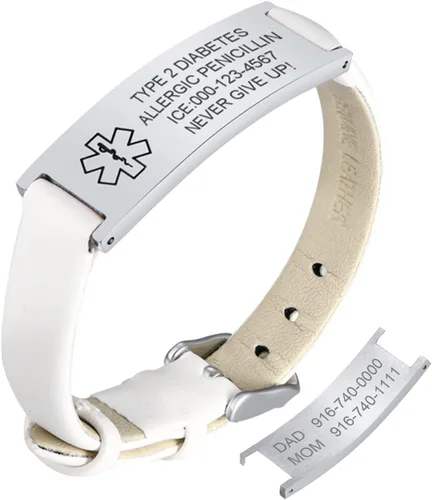 Miniatura 59 de MPRAINBOW Pulsera de alerta médica personalizada para mujer, correa de reloj de cuero genuino, grabado de doble cara, diabetes, epilepsia, joyería