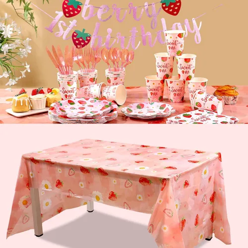 Miniatura 7 de Decoraciones de primer cumpleaños de fresa para niña, platos de primer cumpleaños de fresa para 24, platos de fresa, decoraciones de primer
