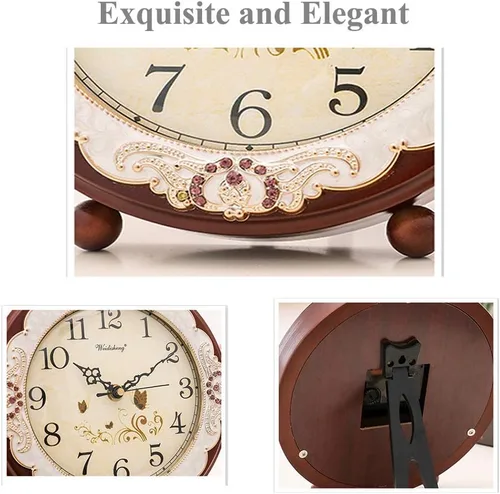 Miniatura 4 de Justup Reloj de mesa vintage, estilo retro europeo sin tictac, reloj de escritorio operado con baterías, movimiento silencioso de cuarzo para Marrón