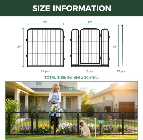 Miniatura 6 de FXW - Valla de jardín metálica y resistente para exteriores, barrera para perros y conejos, fácil instalación, negro, 24 pulgadas de alto x 29.6