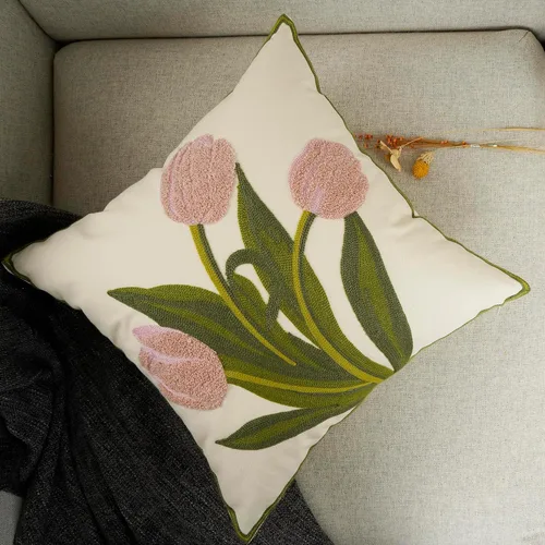 Miniatura 5 de YOUR SMILE Paquete de 2 fundas de almohada bordadas decorativas de 18 x 18 pulgadas, funda de cojín floral de granja para el suelo, para sofá, sala