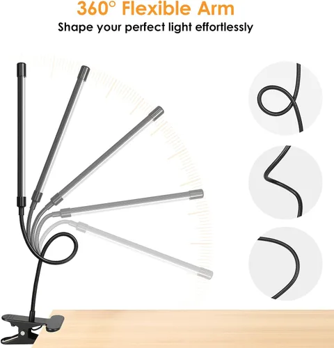 Miniatura 3 de ShineTech Lámpara de escritorio LED con abrazadera, iluminación ultra ancha de 3 cabezales, 4 modos de color, lámpara de trabajo de cuello de cisne