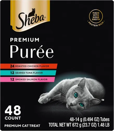 Sheba Premium Puree Cat Treats sabor a pollo asado lamible, sabor a salmón ahumado y sabor a atún chamuscado, tubos de 0.49 onzas, 48 unidades