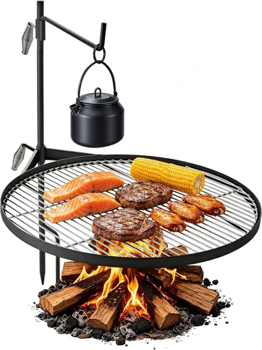 Miniatura 12 de VEVOR Parrilla giratoria para fogata, parrilla para hoyo de fuego con rejilla sobre hoyos de fuego, rejillas de parrilla de acero resistentes