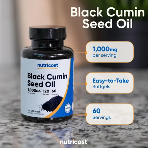 Miniatura 6 de Nutricost Aceite de semilla negra (comino), prensado en frío, fuente de Omega 3 6 9-120 cápsulas blandas, 1000 mg por porción, 60 porciones, sin OMG