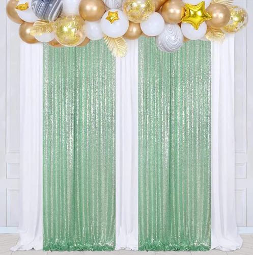 Miniatura 4 de Poise3EHome Cortina de telón de fondo de lentejuelas verde menta, 2 paneles, 2 x 8 pies, poliéster, para decoración de fiestas y bodas