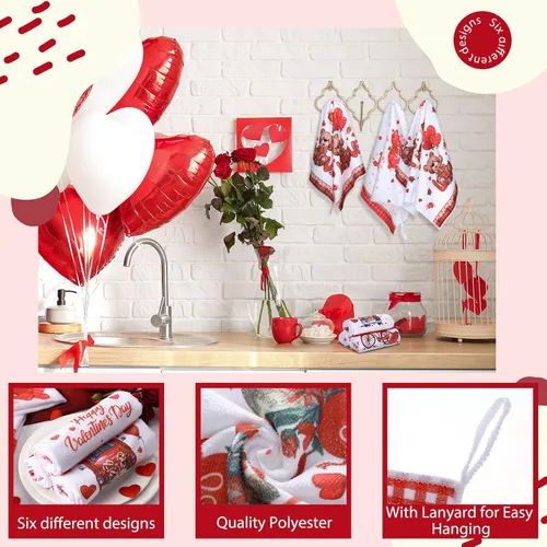 Miniatura 4 de Patelai 6 toallas de cocina para el día de San Valentín, corazones rojos, a cuadros, camión, té, baño, vacaciones, platos, 21.3 x 14.3 pulgadas