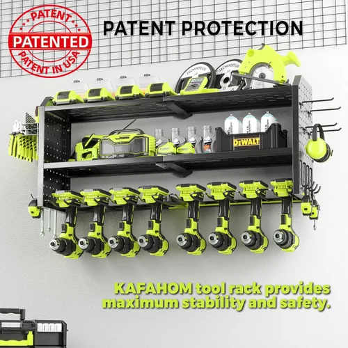Miniatura 4 de KAFAHOM Organizador de herramientas eléctricas, soporte de pared grande para 8 taladros con 2 tableros de clavijas laterales, estante de Verde