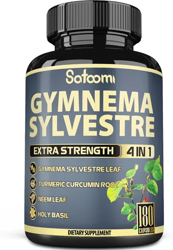 Satoomi Pure Gymnema Sylvestre Cápsulas Extracto - 180 cápsulas de 6 meses - Mezclado con hoja de neem, albahaca sagrada y raíz de curcumina de