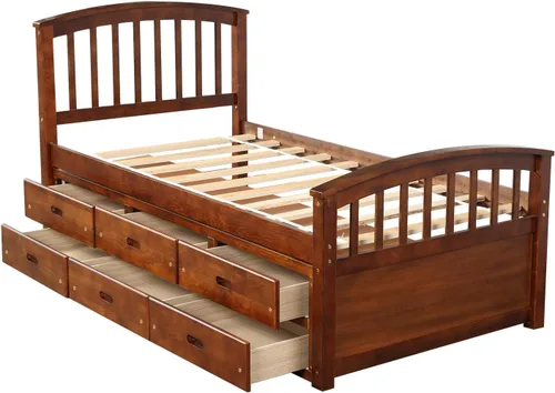 Miniatura 5 de Merax Cama de almacenamiento de madera maciza con 6 cajones, soporte de listones de madera, no necesita somier Nuez
