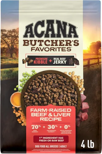 ACANA Butcher’s Favorites - Alimento seco para perros sin granos, receta de ternera y hígado criados en granja, bolsa de 4 libras