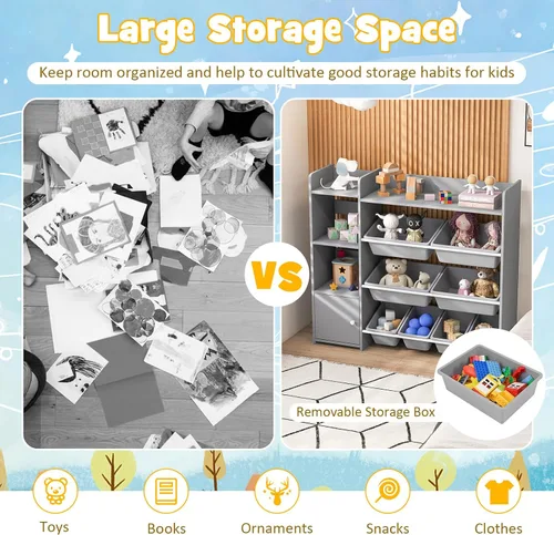 Miniatura 4 de GLACER Organizador de almacenamiento de juguetes para niños, estante de juguetes de 4 niveles con 8 contenedores de almacenamiento de plástico y Gris