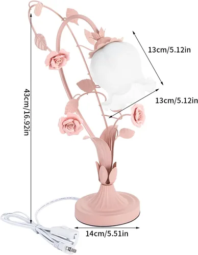 Miniatura 2 de Lámpara de mesa de vidrio esmerilado con flores, lámpara de mesa auxiliar con cable enchufable, mesita de noche, lámpara decorativa de noche