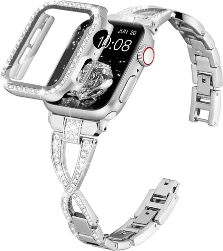 Miniatura 6 de Wipalor Compatible con Apple Watch Band de 1.57 pulgadas + funda, ligera para mujer, pulsera fácil de ajustable, diamante brillante en ambos lados
