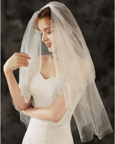 Miniatura 3 de Velo de novia de perlas con peine de 2 niveles cortos hasta la cadera, velos de novia de tul suave, accesorios para el cabello para novias (marfil)
