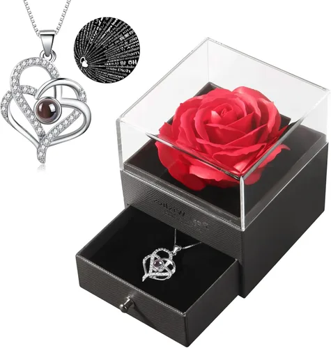Forever Rose with I Love You Heart Necklace 100 Languages Projection, Birthday Gifts for Women, Romantic Valentine Gifts for Girlfriend Wife Mom