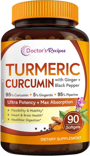 Doctor's Recipes Cúrcuma Softgel 750mg Curcuminoides (95%) con extracto de jengibre (5% gingeroles) para función antioxidante, movilidad y