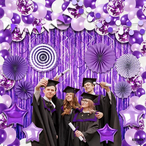 Miniatura 5 de KatchOn, Juego de decoración de fiesta púrpura 2026 – Paquete enorme de 155 globos para arco 2026 Globos 2026, telón de fondo con flecos, Morado