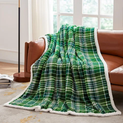 Miniatura 2 de Touchat - Manta Sherpa de tela escocesa (60 x 70 pulgadas, a cuadros verde), manta suave, esponjosa y mullida de felpa, manta de franela de felpa