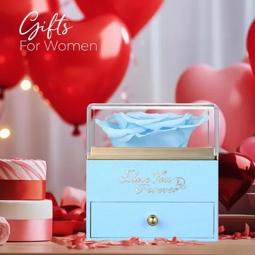 Miniatura 4 de NEWNOVE Rosa real preservada en color azul claro con collar de ángel, regalos de aniversario y cumpleaños para mujeres, esposa, novia, mamá, ideas