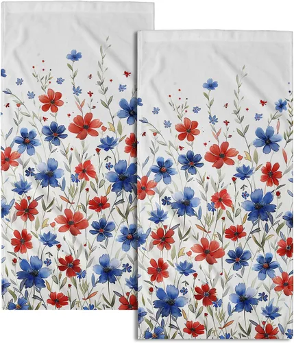Miniatura 47 de Juego de 2 toallas de mano para el 4 de julio, 14 x 28 pulgadas, diseño patriótico de hojas florales rojas y azules, absorbentes y suaves