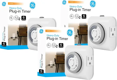 GE Temporizador de salida a tierra mecánico, enchufes dobles con 3 puntas, ciclo de 24 horas, uso en interiores para luces, lámparas, ventiladores,