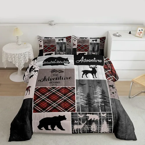Miniatura 224 de Juego de edredón de oso y ciervo, tamaño individual, ropa de cama de animales salvajes de caza, colcha rústica de cabaña, casa de campo, cuadros